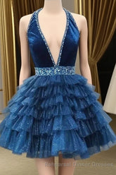 Blue Halter Multi-Layered Tulle Homecoming Dress